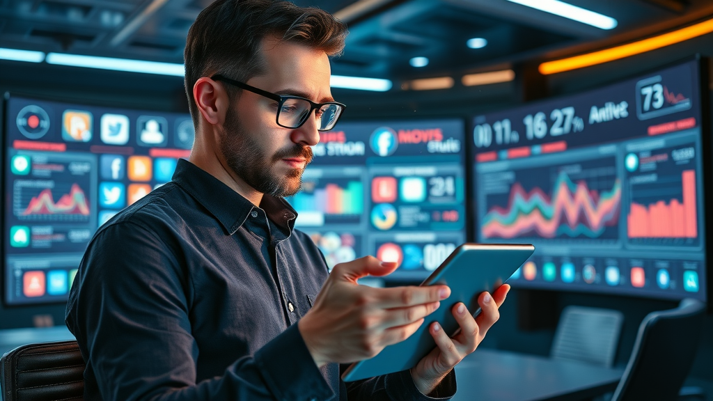 social media platform: strategic marketer comparing analytics and social media icons on tablet