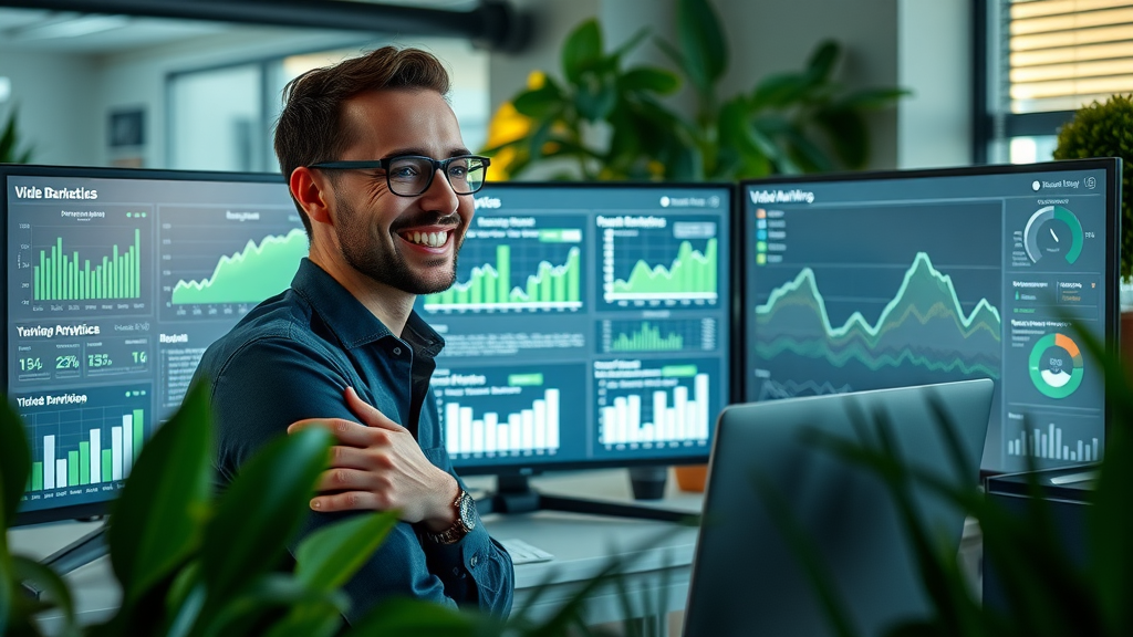 Marketer analyzing video marketing campaign analytics on digital dashboard