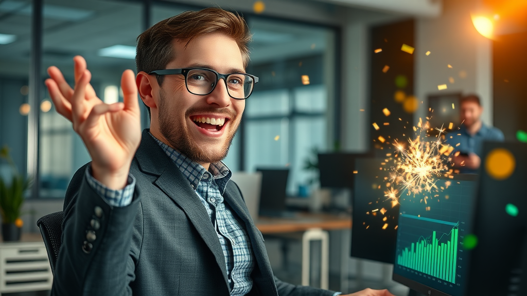 enthusiastic small business owner celebrating content marketing success, digital graphs, confetti