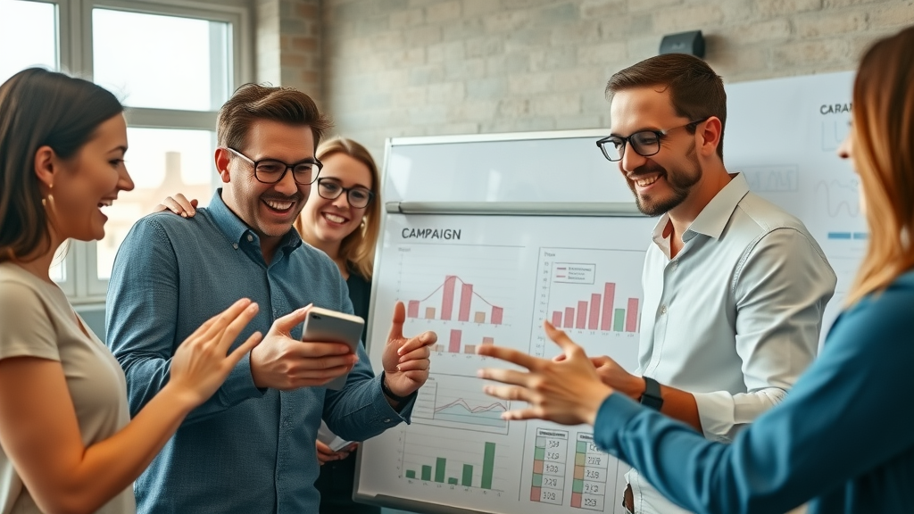 Digital marketing team collaborating on online ad campaign analytics digital advertising