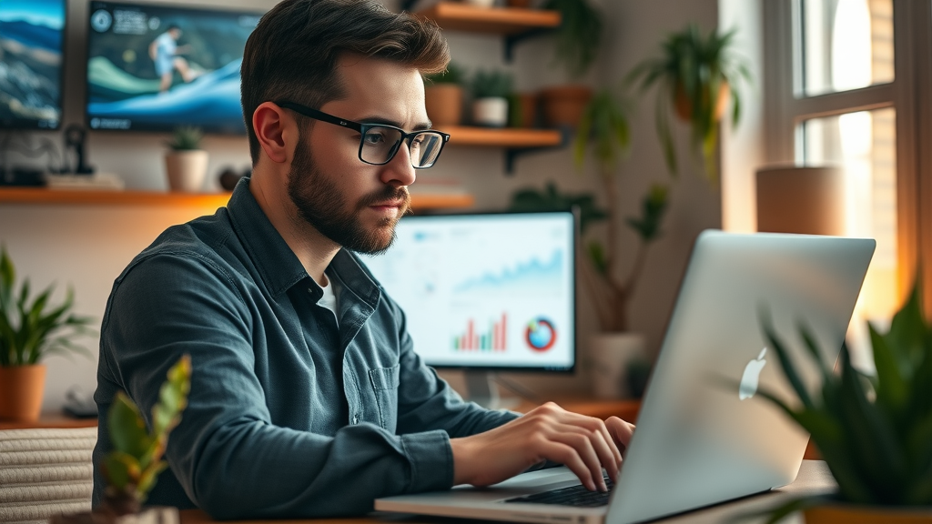 engaged content creator analyzing video analytics on a laptop in a creative home office - video content creation