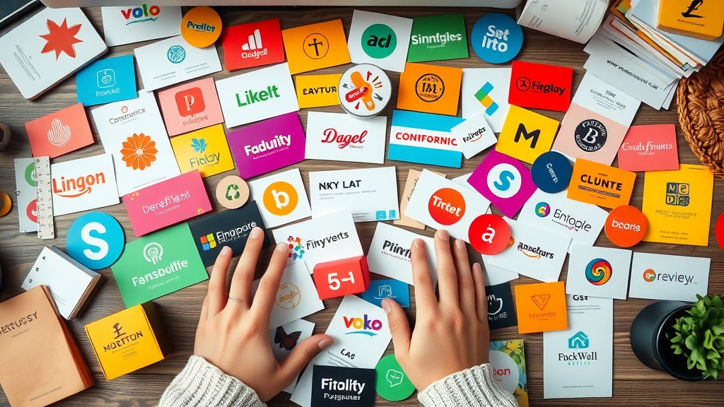 collage of strong brand identity, colorful logos, product packaging, visual brand for small business
