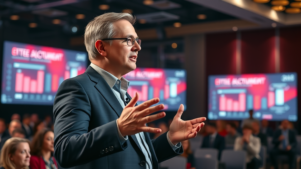 energetic business leader presenting customer engagement strategies to an engaged audience, bright conference stage