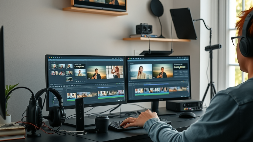 organized workspace with video editing tools on dual monitors in a contemporary setting - video editing software comparison