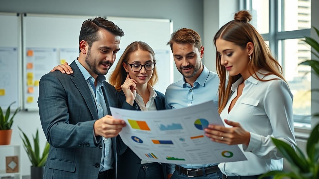Professional business team collaborating over digital marketing materials small business marketing