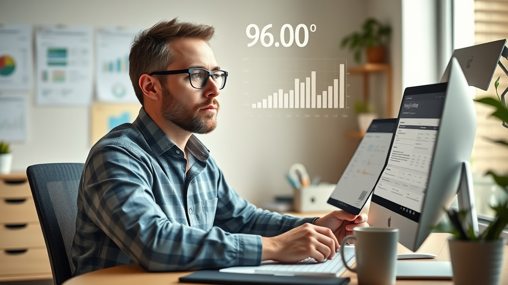 good email - marketer evaluating quality leads, computer screen displaying data visualizations, cozy workspace.