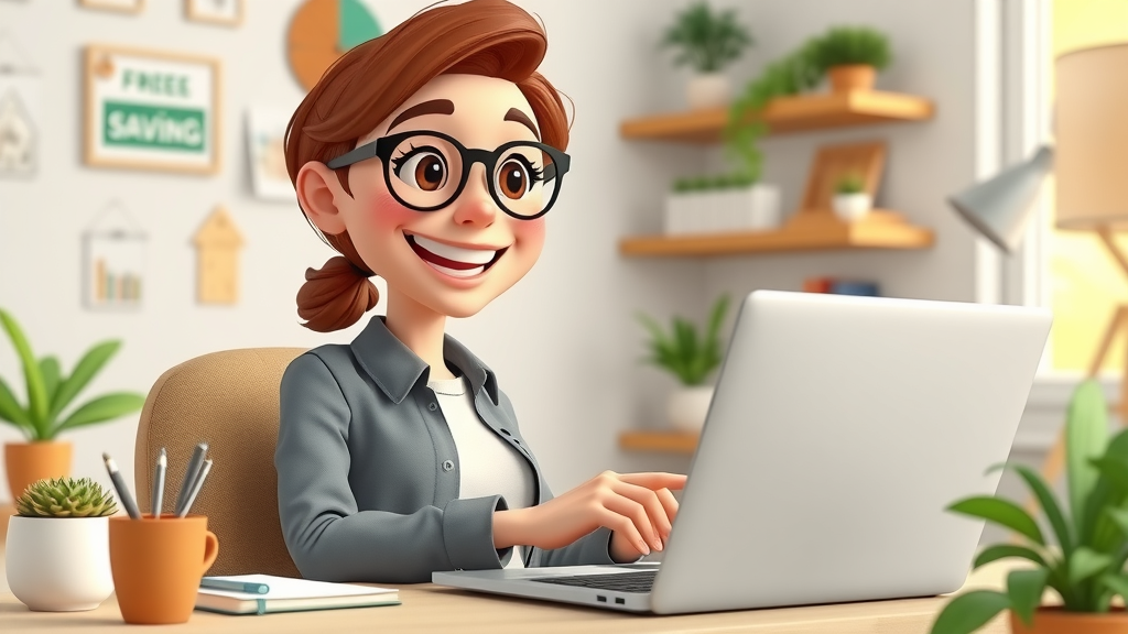 Resourceful small business owner updating branding with laptop, budget-friendly branding strategies, cheerful home office