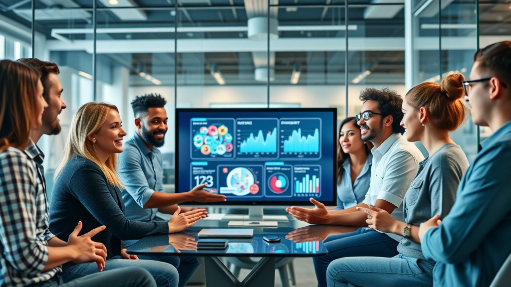 video marketing best practices: enthusiastic diverse marketing team brainstorming video strategies with large screen showing video analytics