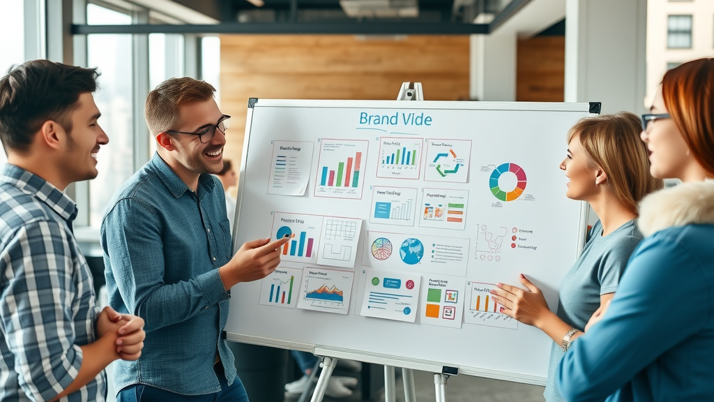creative marketing team planning brand video on whiteboard in open office