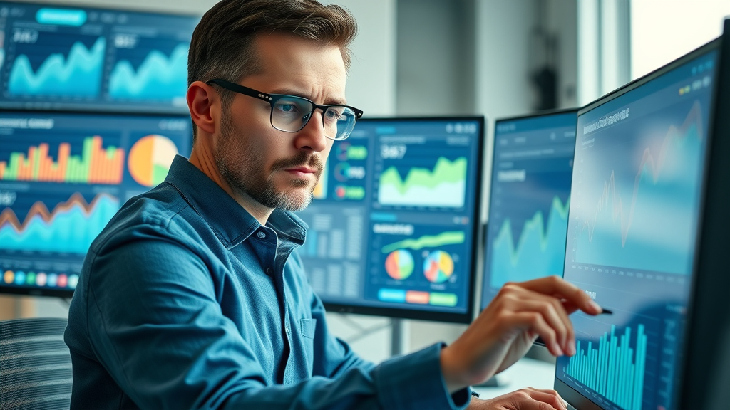 Digital analyst reviewing online advertising campaign metrics analytics dashboard