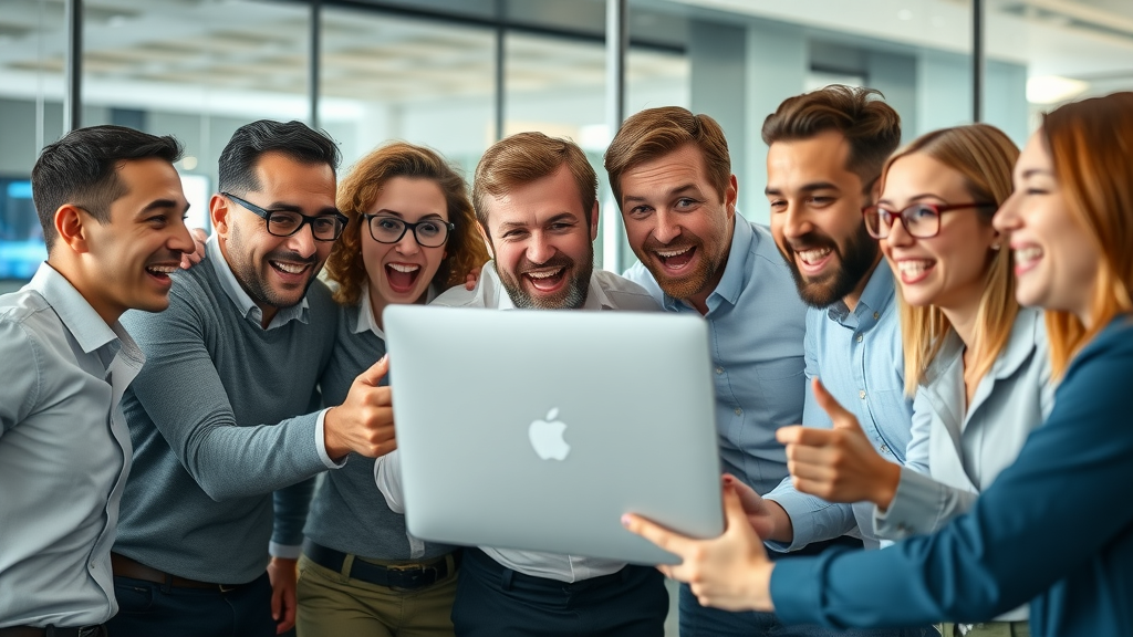 business team excited watching brand storytelling video in modern office