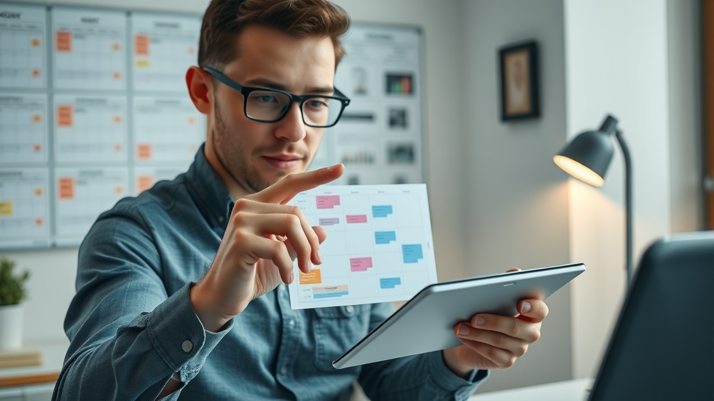 methodical video creator mapping out a content calendar on a tablet in a modern office - video content planning