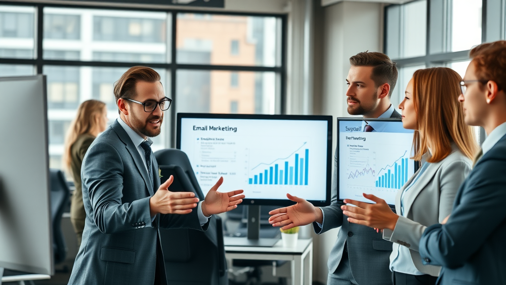 email marketing campaigns business team collaborating on digital strategy in modern office, large monitors with email performance graphs, natural teamwork.