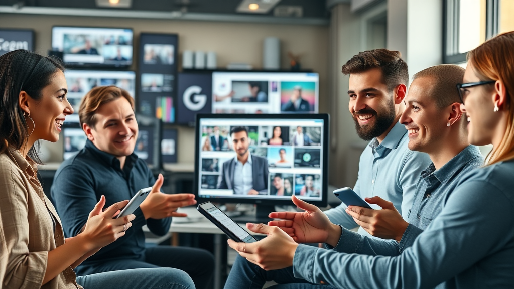 diverse group of marketers monitoring real-time social media video analytics on multiple screens in a coworking space