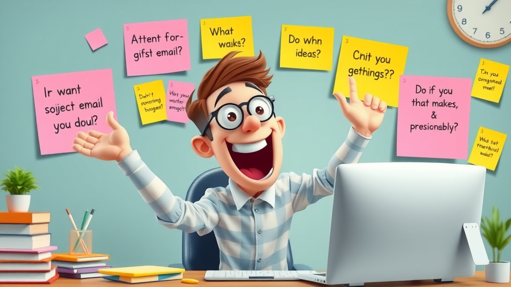 subject line - marketer brainstorming creative email subject lines with colorful sticky notes at desk.