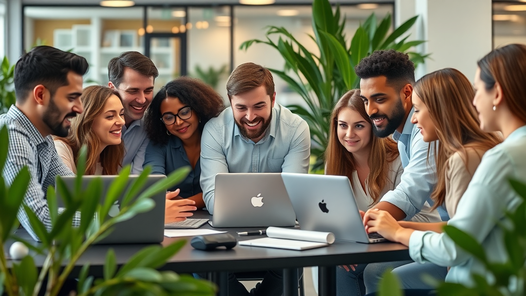 Vibrant marketing team brainstorming email marketing campaigns in modern office, collaborating around digital screens with diverse professionals and greenery
