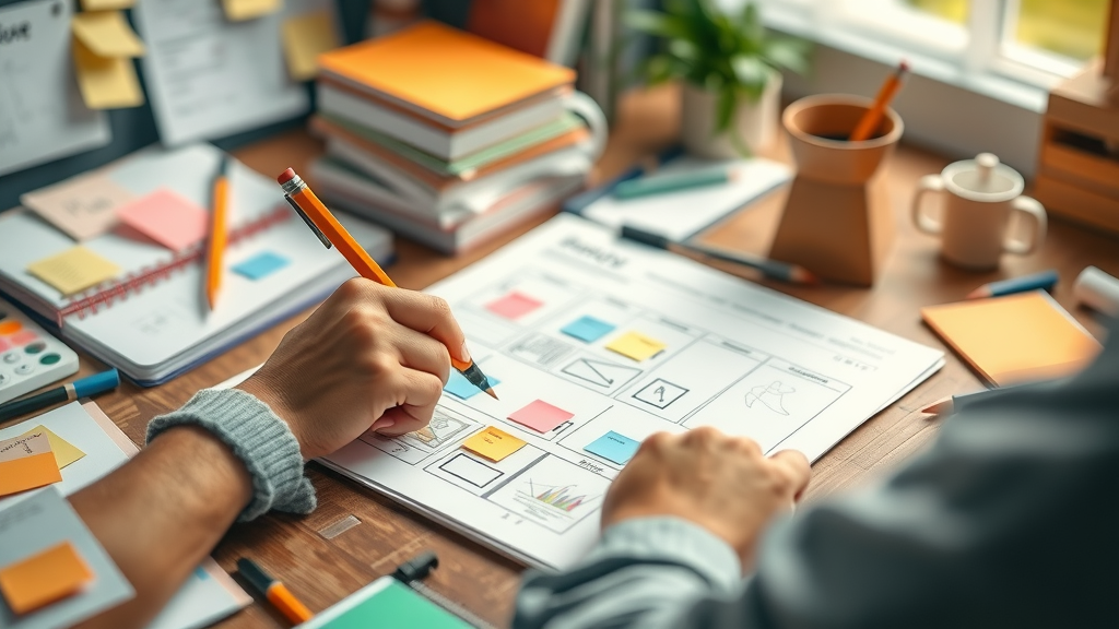 creative video producer sketching a storyboard at a busy desk with sticky notes and coffee - scripting and storyboarding for video content creation