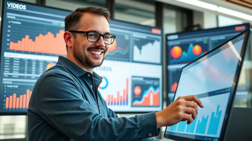digital dashboard displaying video marketing analytics, professional marketer reviewing interactive charts, analyzing video engagement data, in a modern office setting