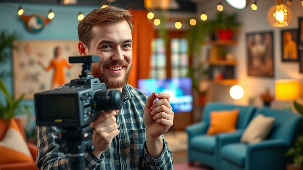 Entrepreneur recording marketing video with vibrant background, content marketing and small business marketing in an energetic studio