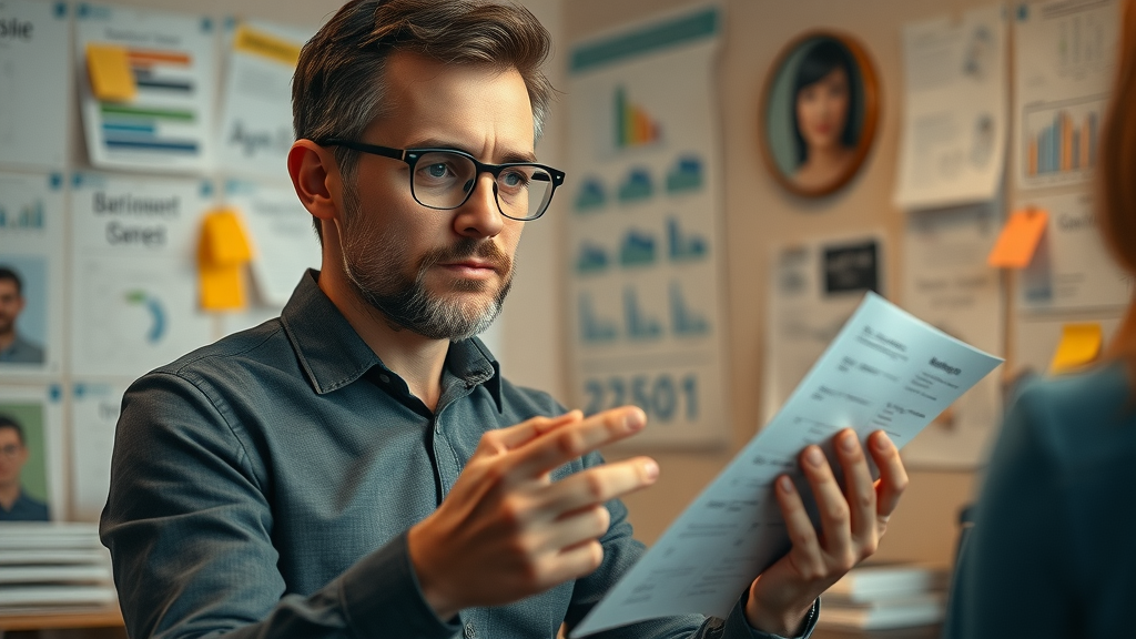 Focused small business owner examining customer avatars, small business marketing strategy in action with analytical tools and marketing materials