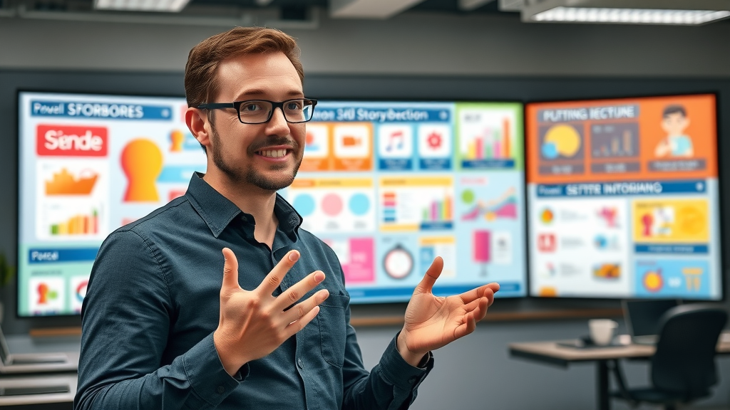 presenter explaining brand concepts with animated storyboard in creative office
