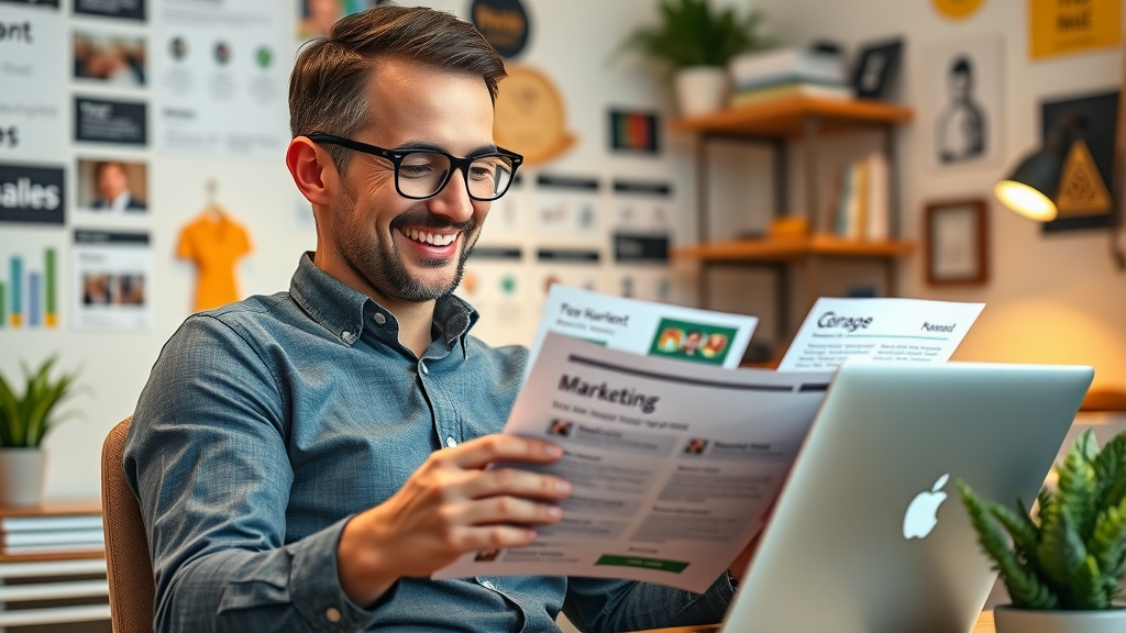 business owner reviewing consistent branding marketing materials, trusting small business brand