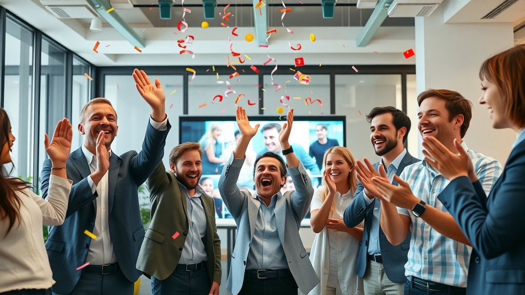 marketing team celebrating a viral social media video campaign success