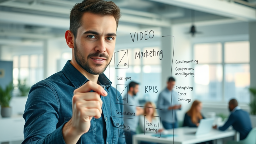 Motivated marketer mapping KPIs for video marketing campaign on a glass board