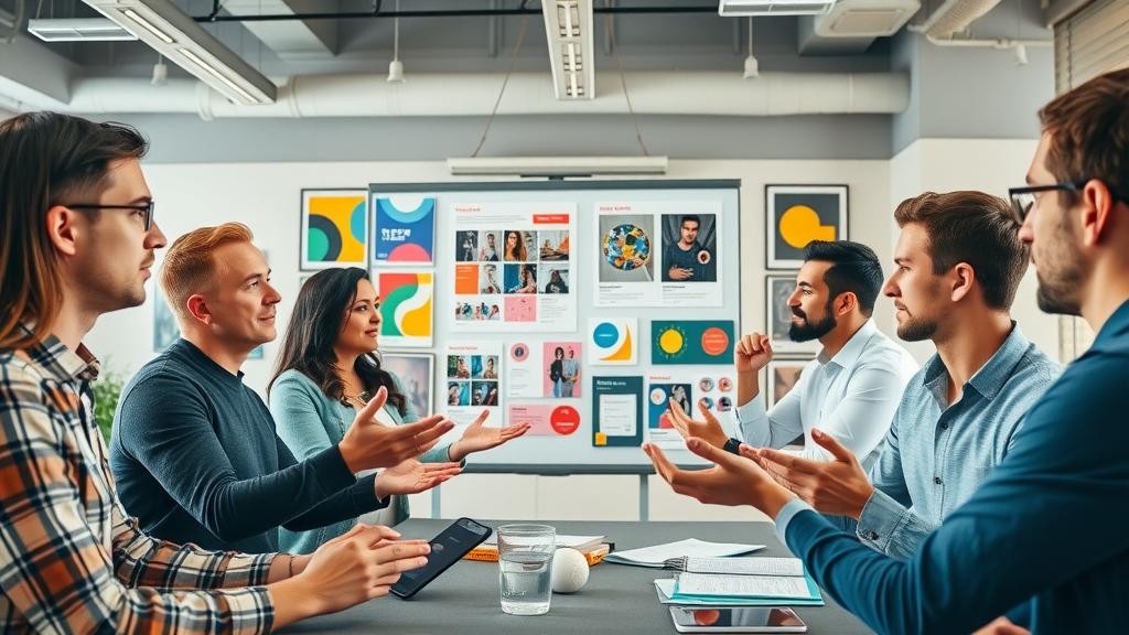 Modern team brainstorming small business branding strategies, diverse team collaborating on strong brand identity
