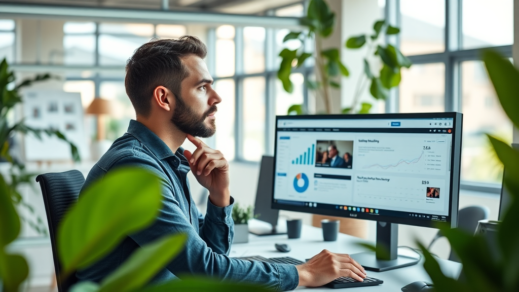 entrepreneur comparing top video marketing platforms on high-tech workspace monitors
