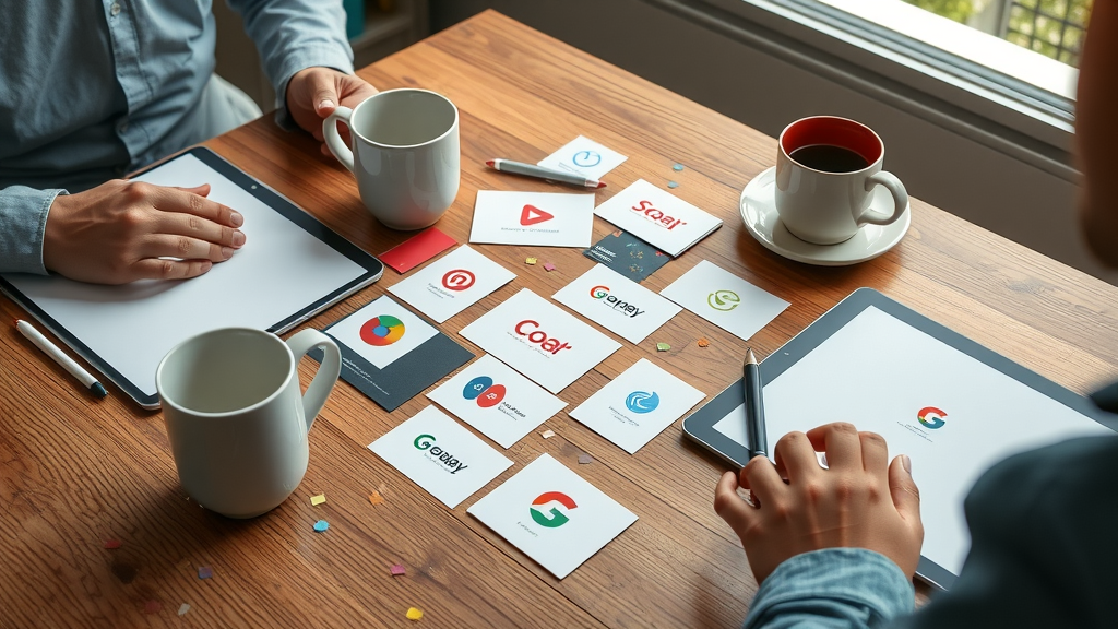 Branded materials and visual identity items for small business, showing business cards, color palettes, logo, strong brand visual elements