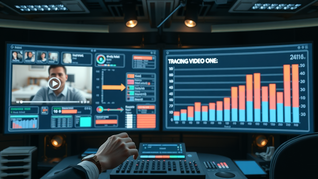 split-screen flowchart with video play button and bar graphs highlighting video performance tracking in a modern control room