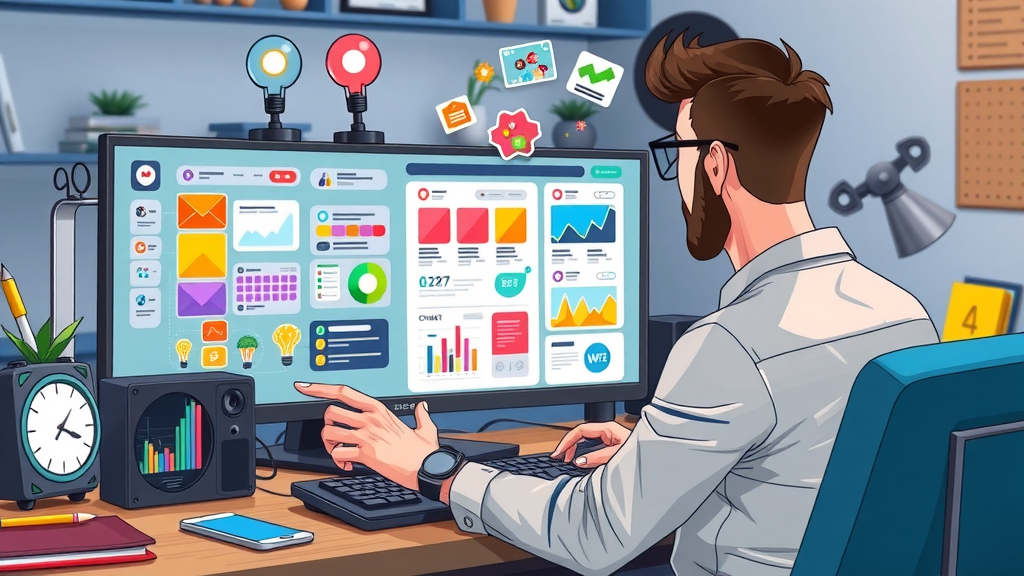 Digital marketer creating colorful marketing email templates, surrounded by animated tech gadgets and floating email icons