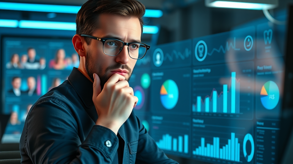 Entrepreneur analyzing target audience personas for small business branding, digital workspace and touchscreen analytics