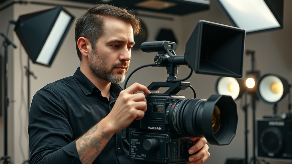 video production: professional camera operator adjusting video equipment in high-tech studio
