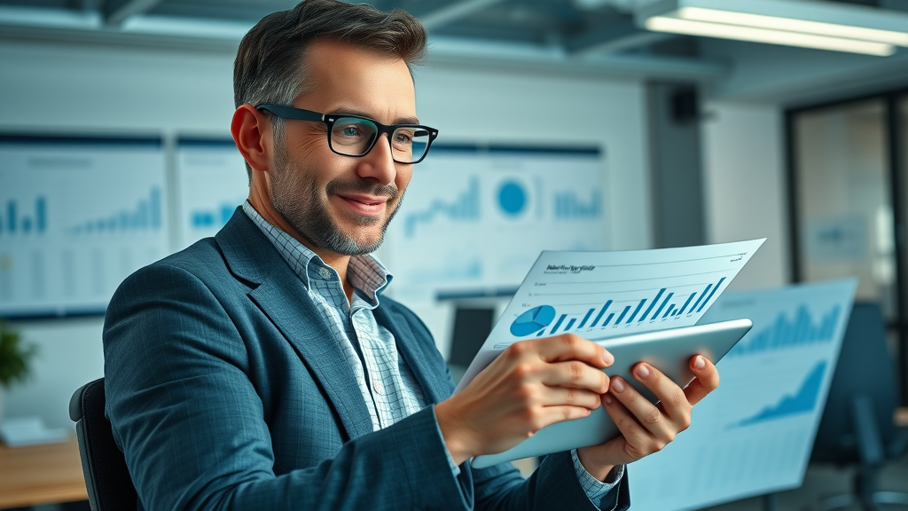 business owner reviewing digital marketing budget tools and solutions